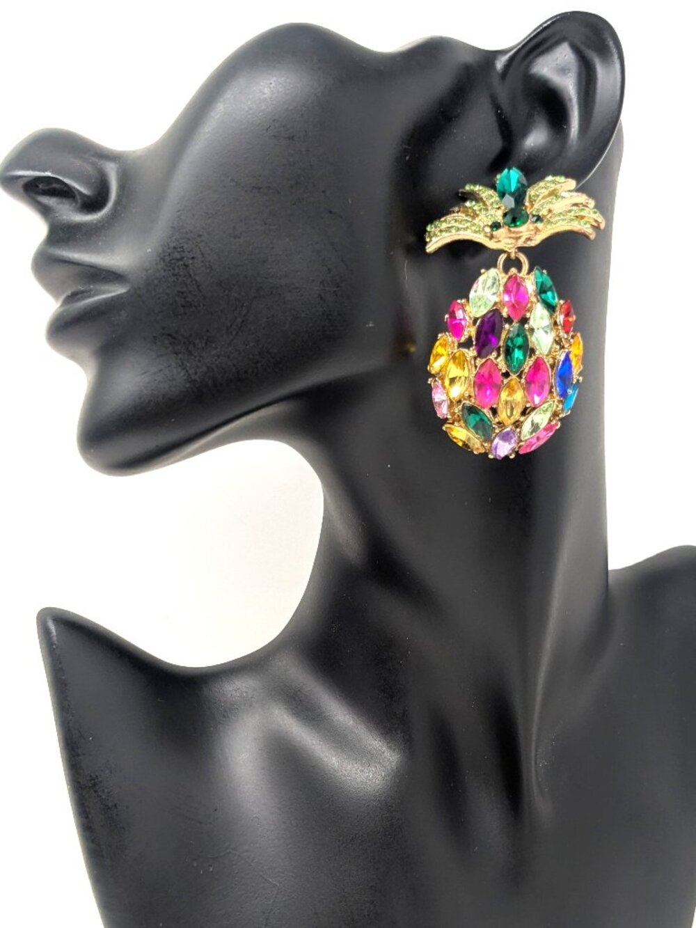 Pineapple Dangle Earrings Fruit salad Crystal Rhinestone Large 2.5" Gold tone
